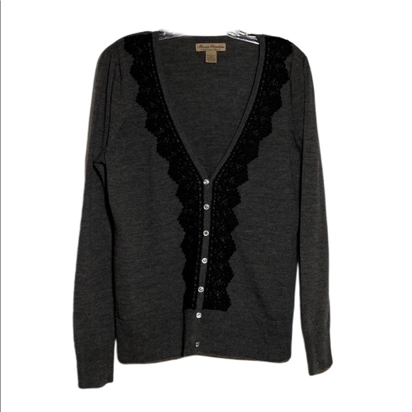MARISA CHRISTINA 💯% Italian Merino Wool V Neck Lace Detail Cardigan Size Large - Picture 1 of 4